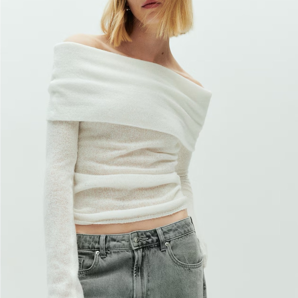 NWT H&M Sheer Knit Off the Shoulder White Sweater
